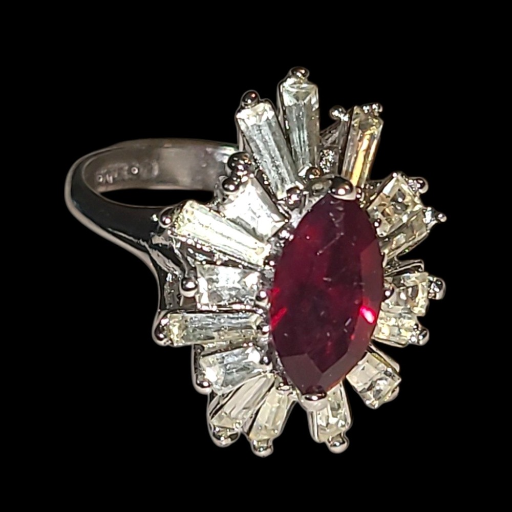 Vintage 18K HGE Red Marquise CZ Starburst Ring Baguette Halo Cocktail Sz 4